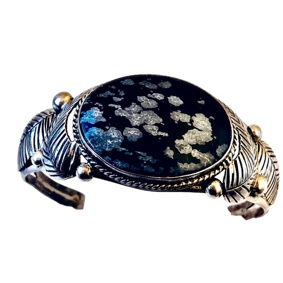 Native American Snowflake Obsidian Sterling Silver Cuff Bracelet Signed L Pina - Picture 10 of 13